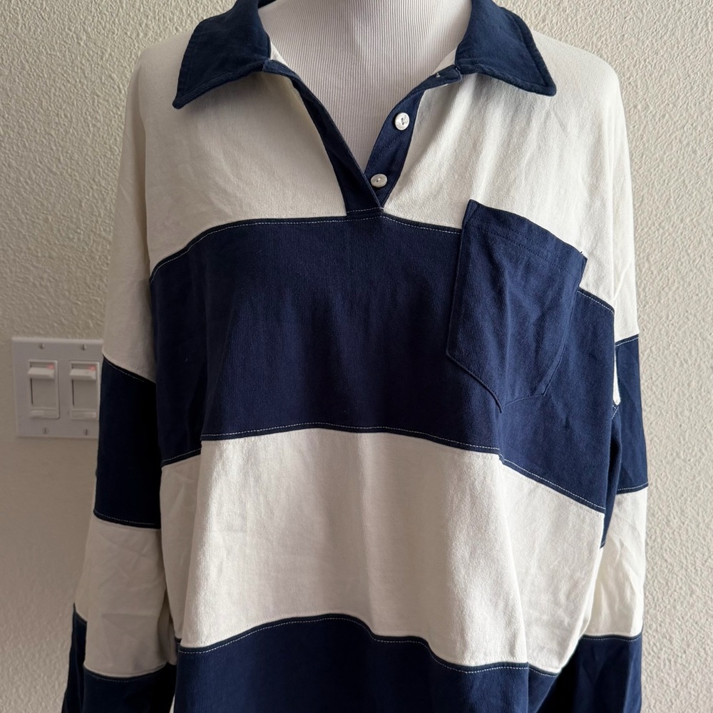 Madewell MWL Striped Rugby Polo Shirt - Navy & White Size XXL - Picture 6 of 12